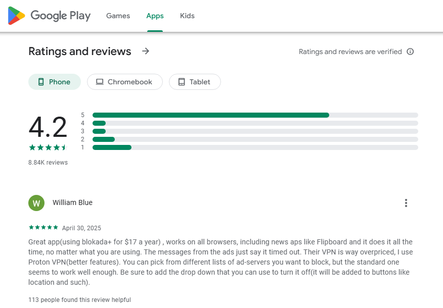 Blokada customer reviews on Playstore