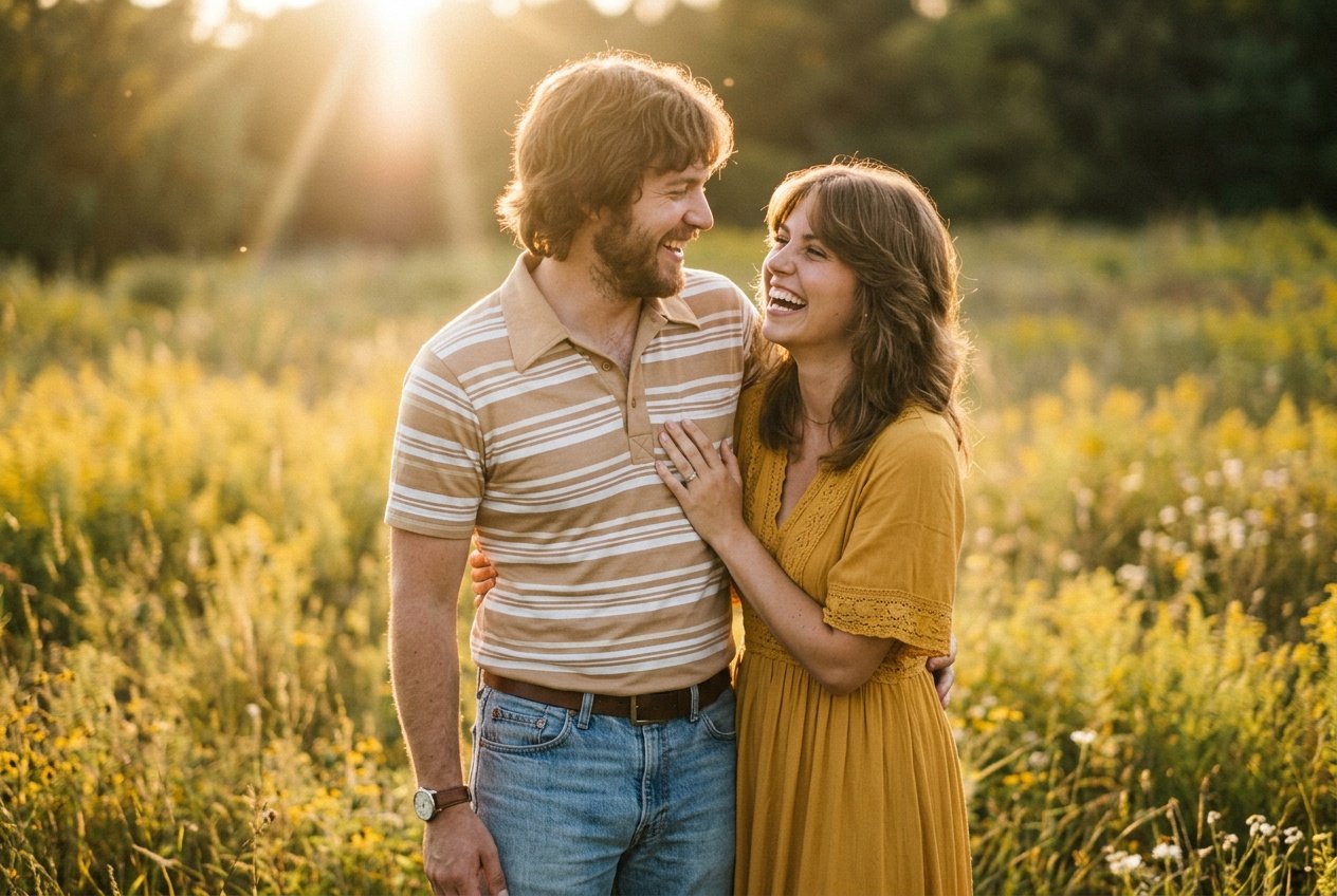 prompt for gemini ai retro style couple photo showing 70s vintage aesthetic