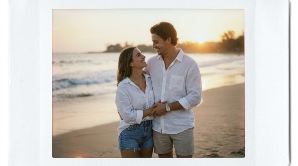 gemini prompt for couple photo polaroid on a beach setting
