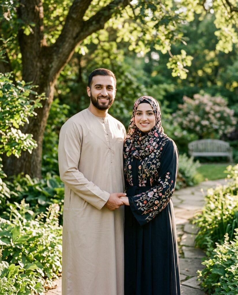 muslim couple prompt for gemini ai applied to garden portrait
