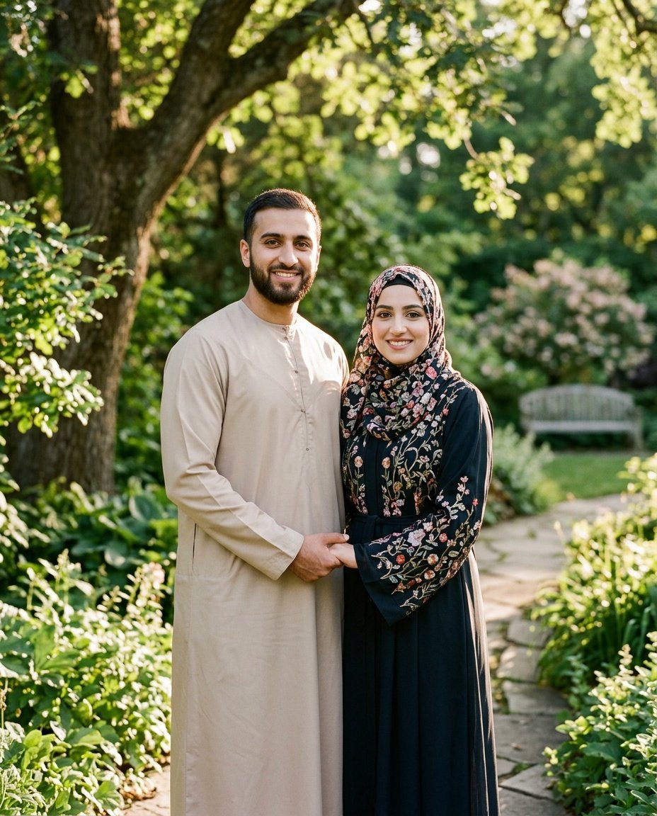 muslim couple prompt for gemini ai applied to garden portrait