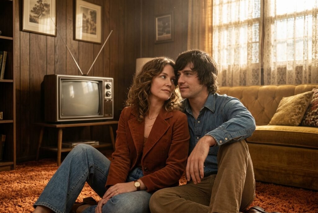 google gemini retro vintage prompt for couples applied to a 70s living room photo