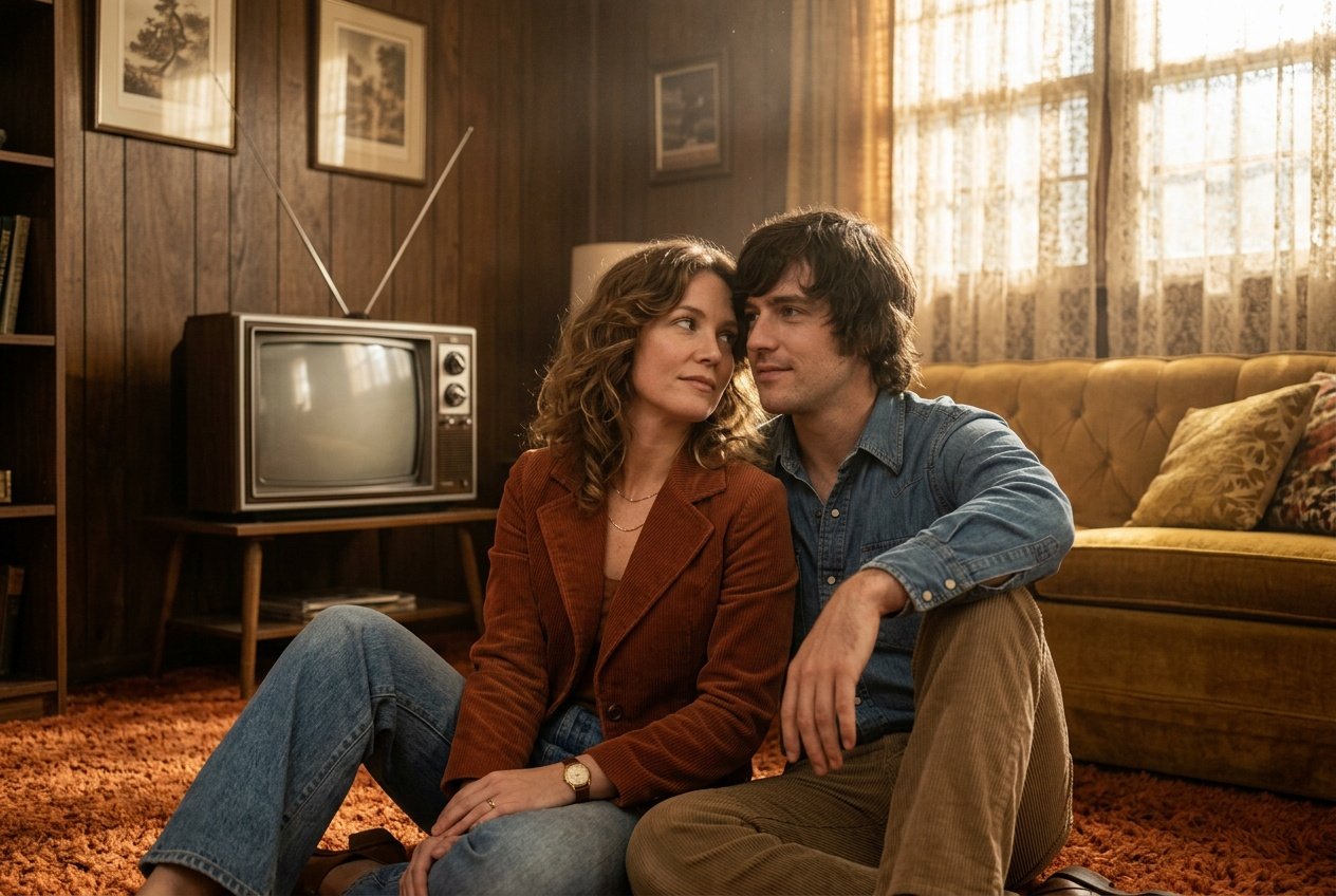 google gemini retro vintage prompt for couples applied to a 70s living room photo