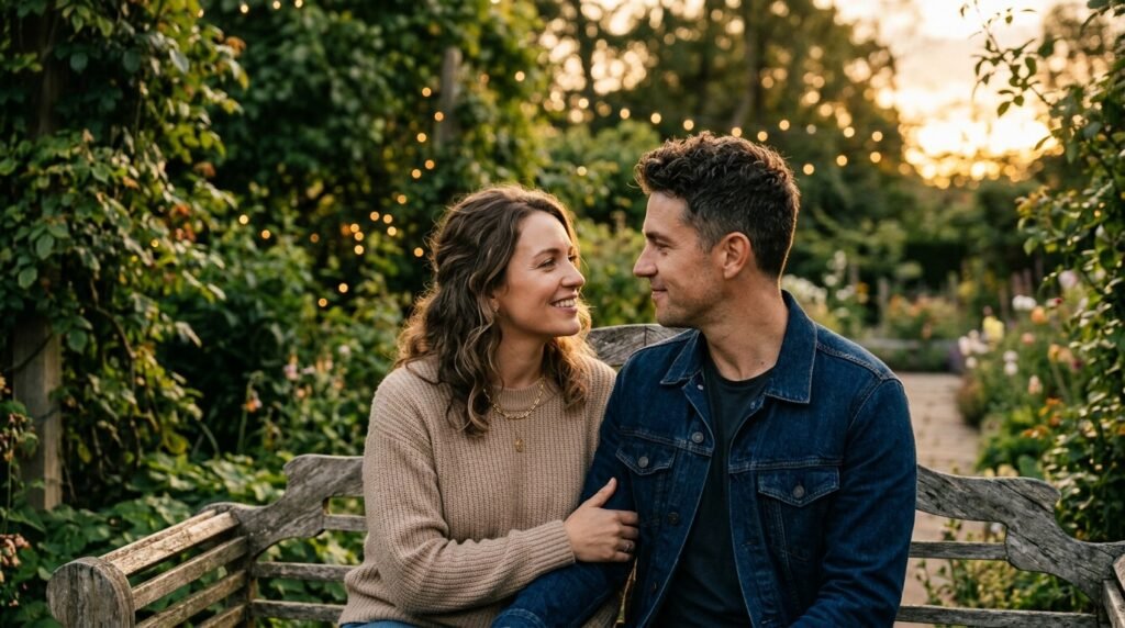 couple photo prompt gemini showing romantic sunset park bench scene