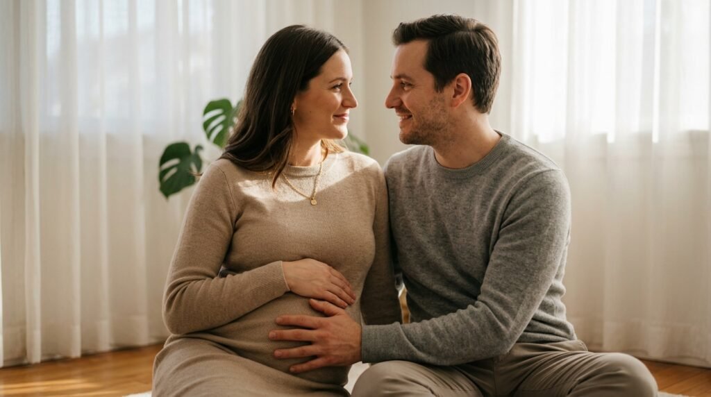 gemini prompts for couple maternity photoshoot showing intimate cozy pose