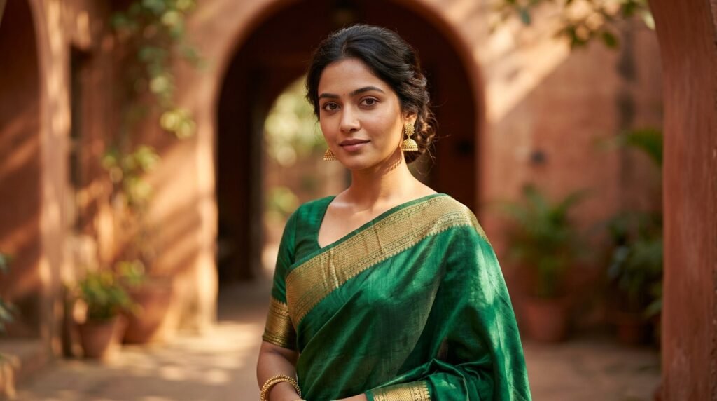 gemini ai prompt girl saree showing traditional emerald green silk outfit