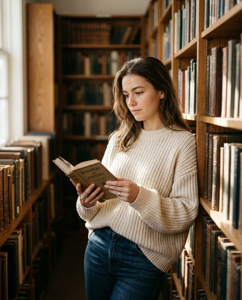 gemini girl prompt style portrait in a library setting