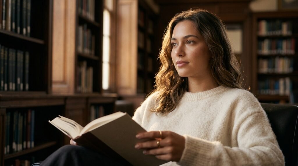gemini ai prompt girl portrait in a sunlit library setting
