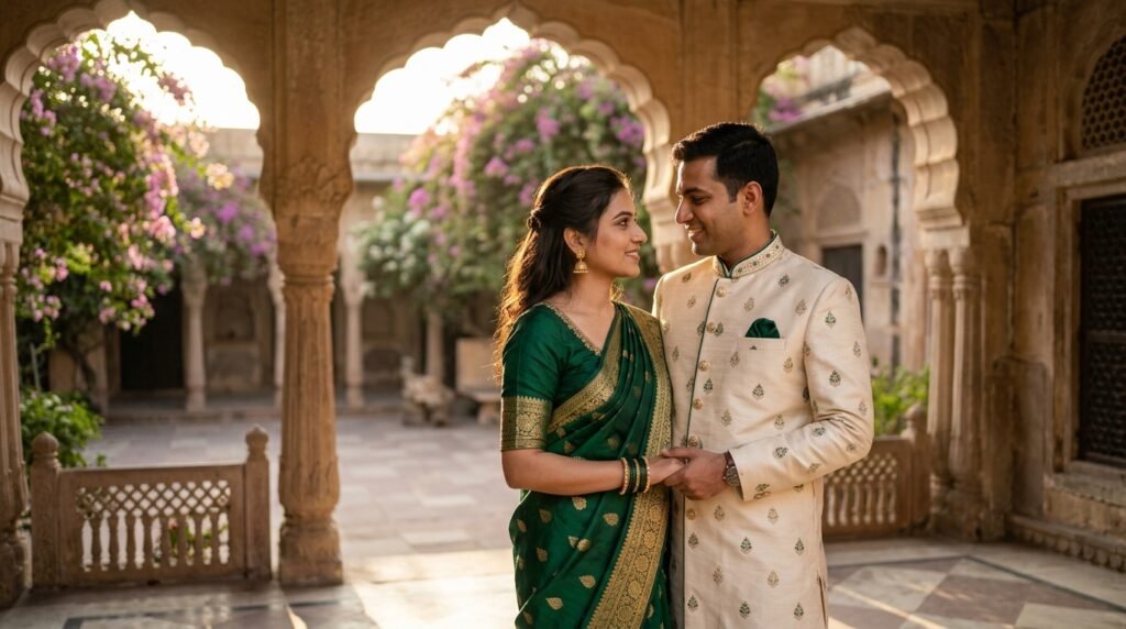 prompt for gemini ai saree look couple standing in a courtyard