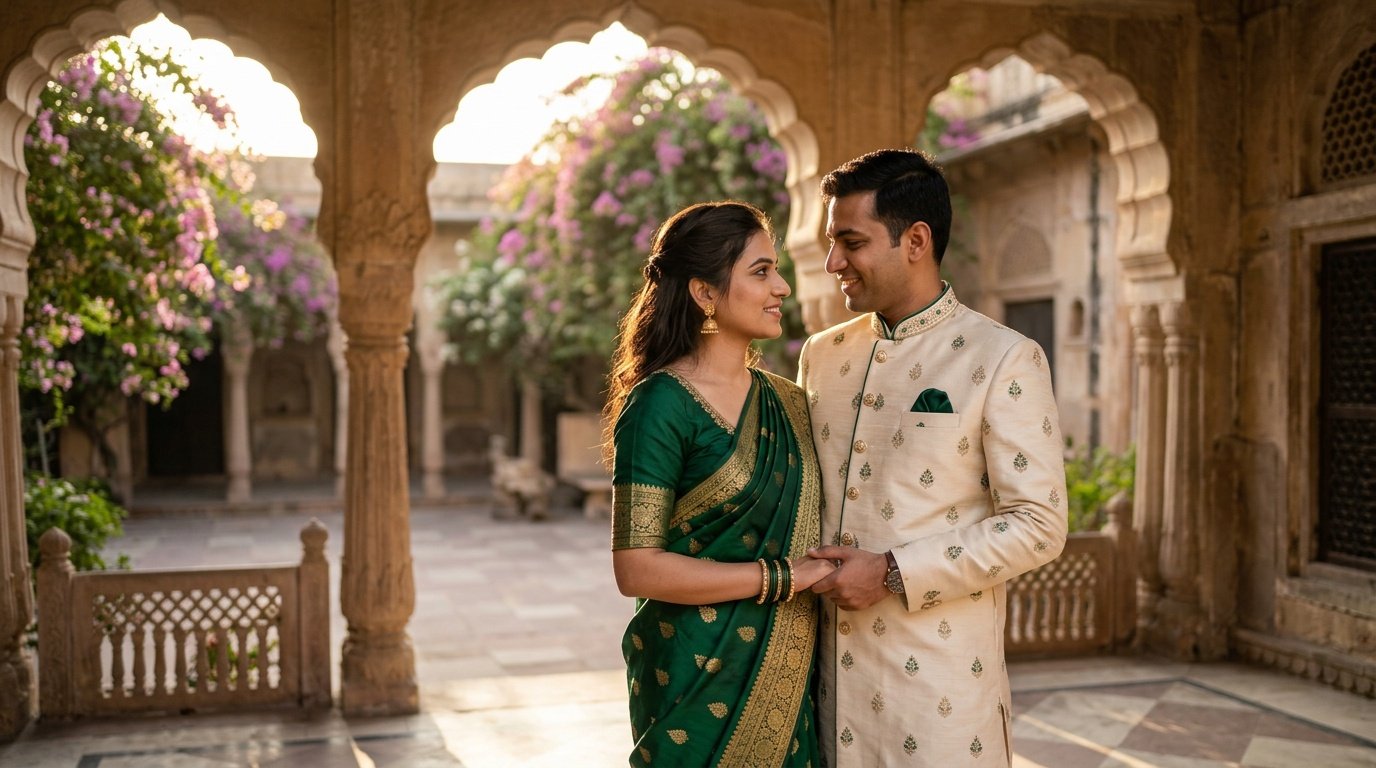 prompt for gemini ai saree look couple editorial style prompt for gemini ai saree look couple standing in a courtyard