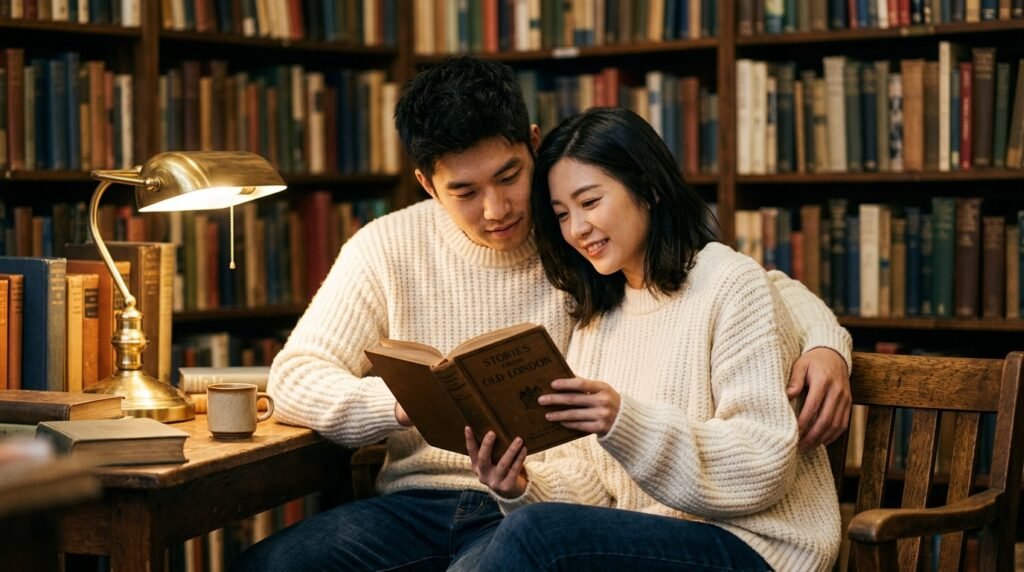 gemini couple photo prompt showing a warm, cozy bookstore scene