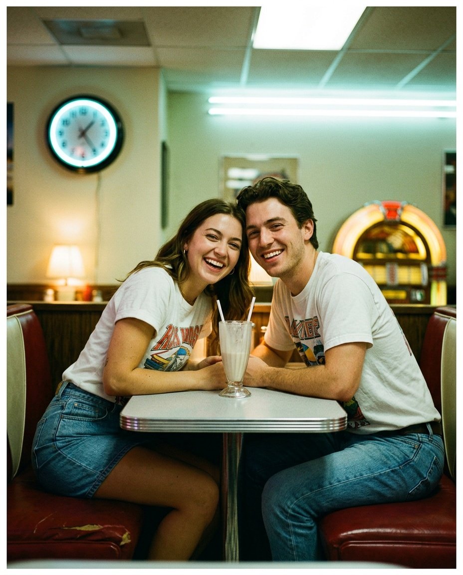 gemini prompt for retro style couple photo showing a diner scene