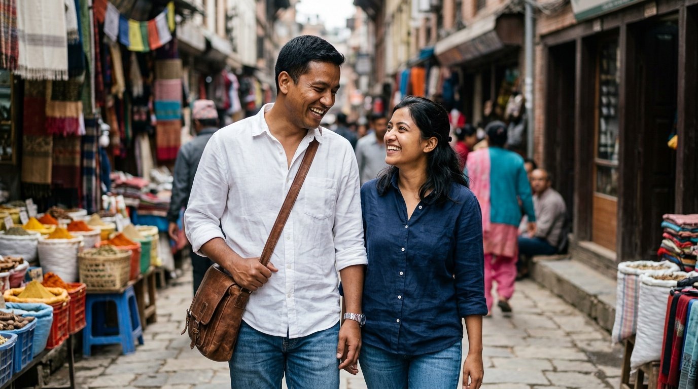 gemini prompt for image couple in kathmandu market gemini prompt for image couple in a busy market