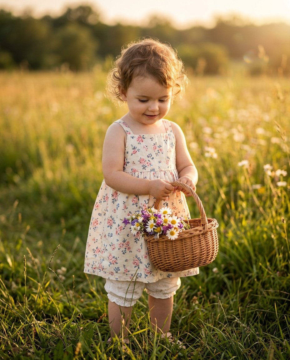 gemini baby girl photo prompt in golden hour meadow