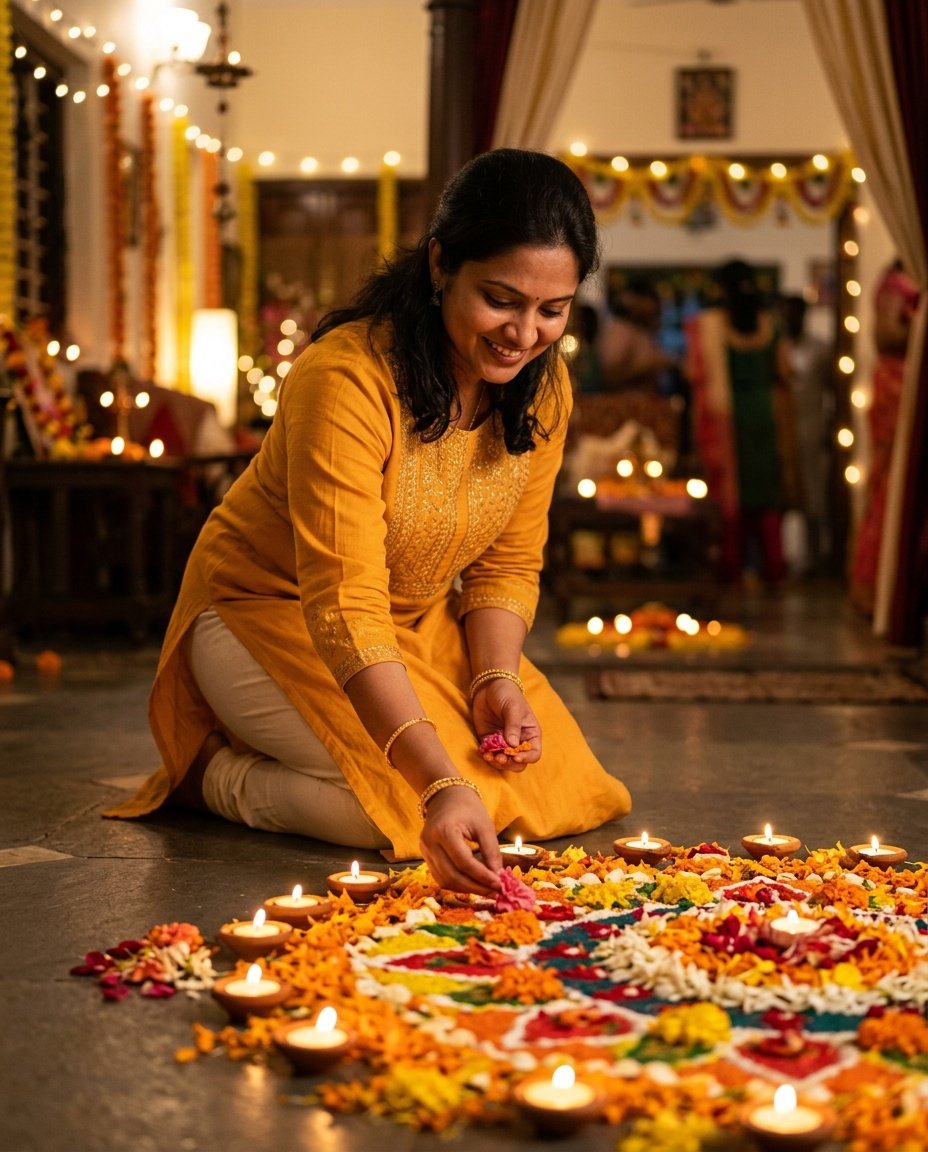 diwali prompt for gemini girl lighting and rangoli setting