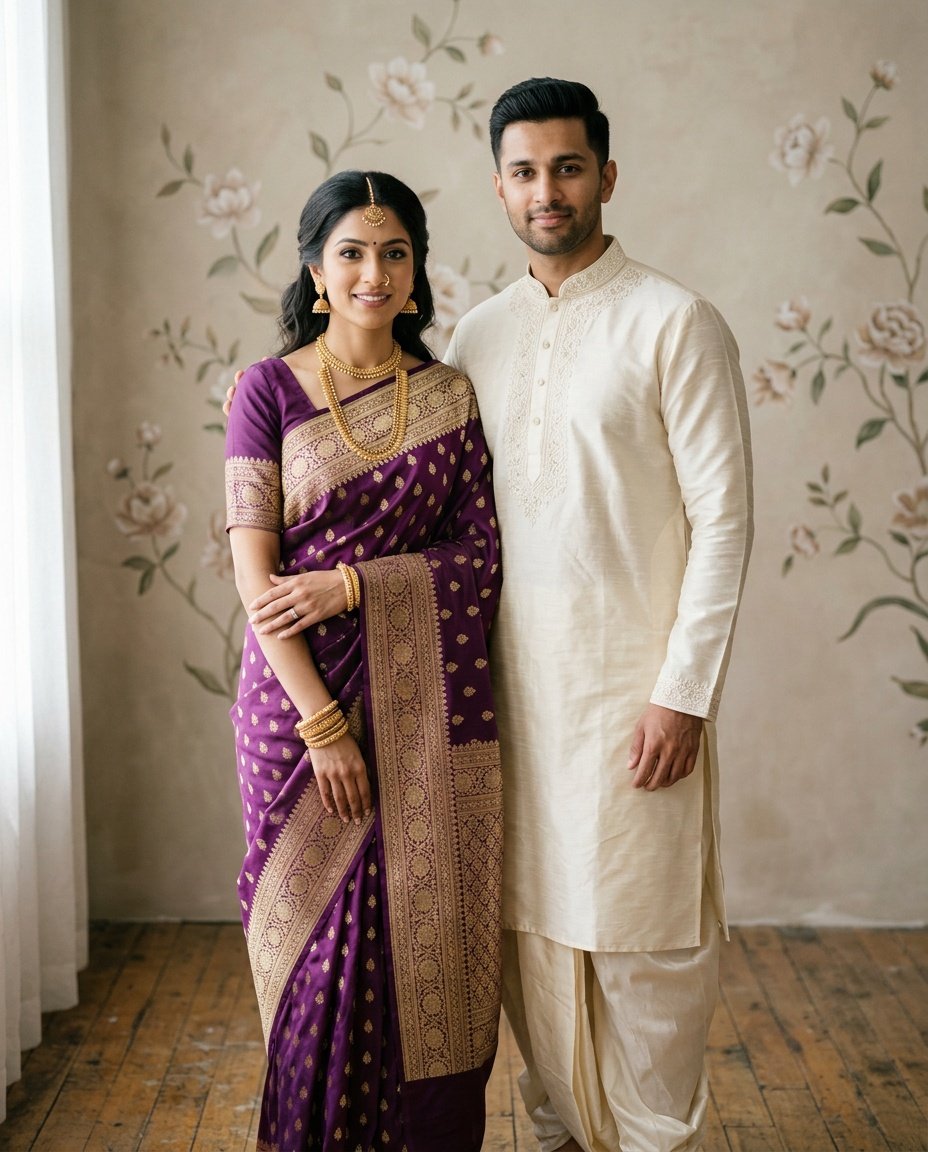prompt for gemini ai saree look couple traditional elegance prompt for gemini ai saree look couple portrait with floral background