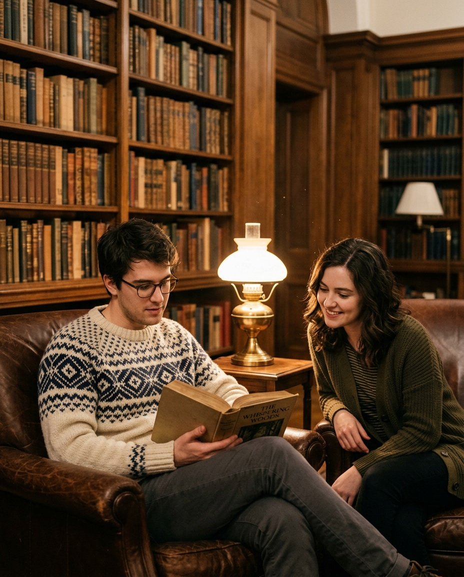 gemini couple romantic prompt applied to library setting with book