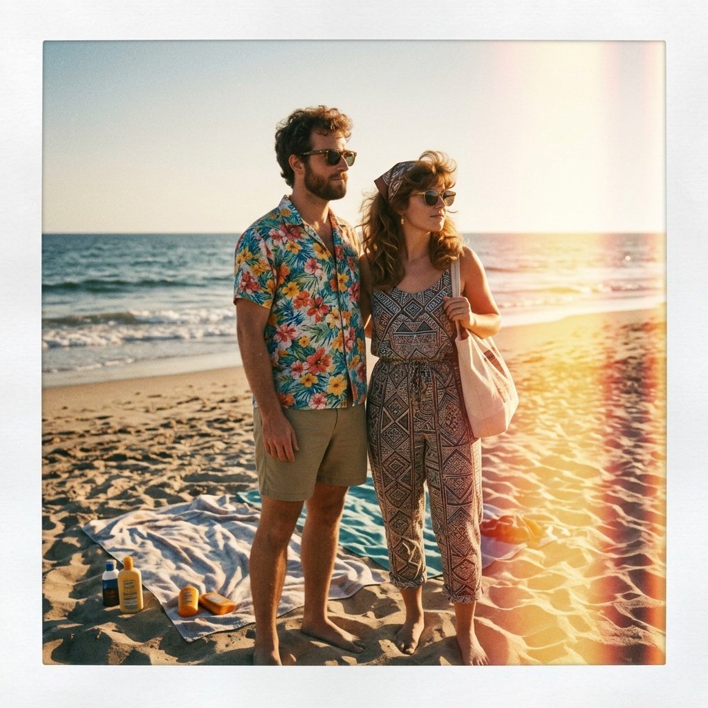 prompt for gemini ai retro style couple photo aesthetic on a beach
