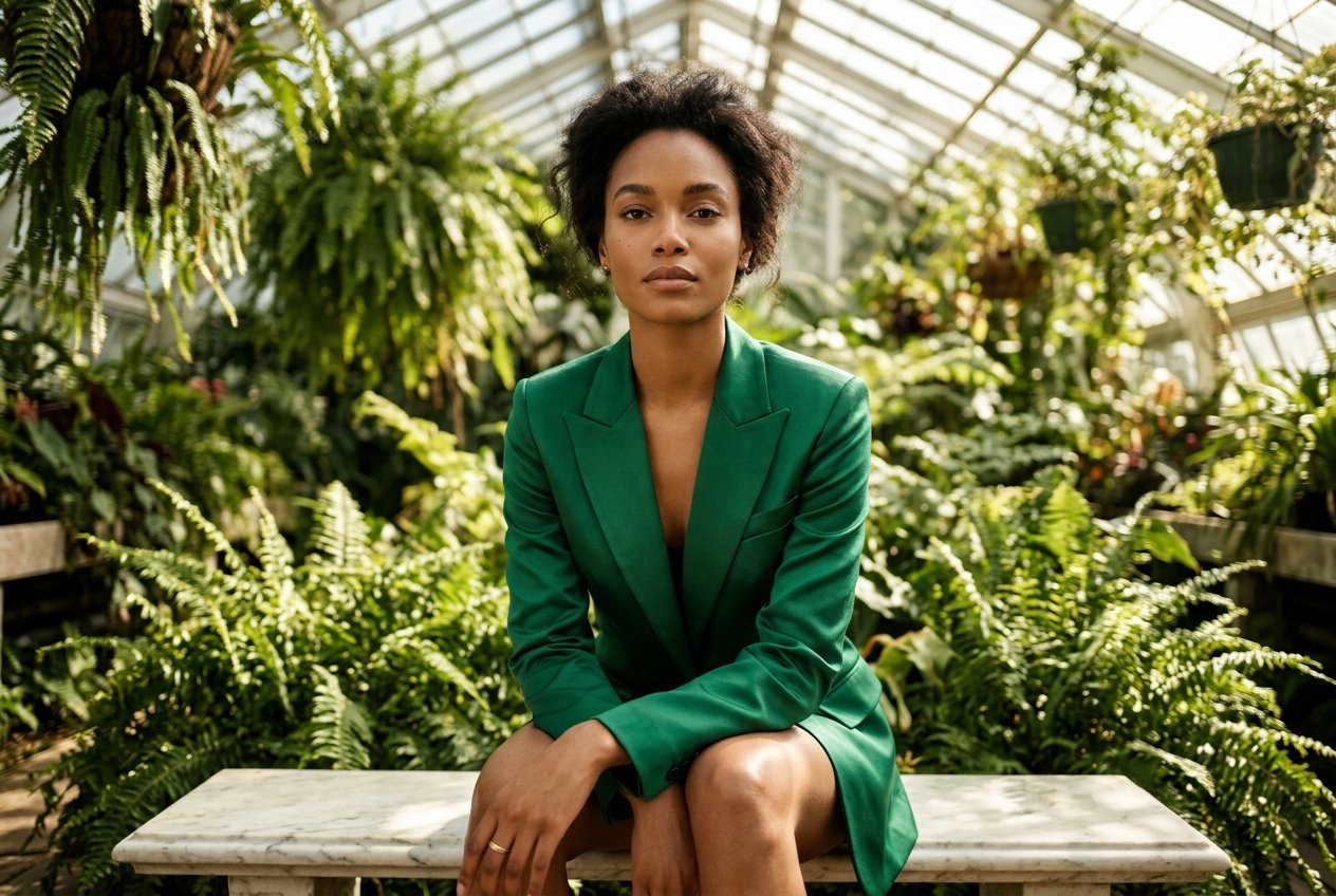 gemini photo prompt girls editorial fashion in tropical greenhouse