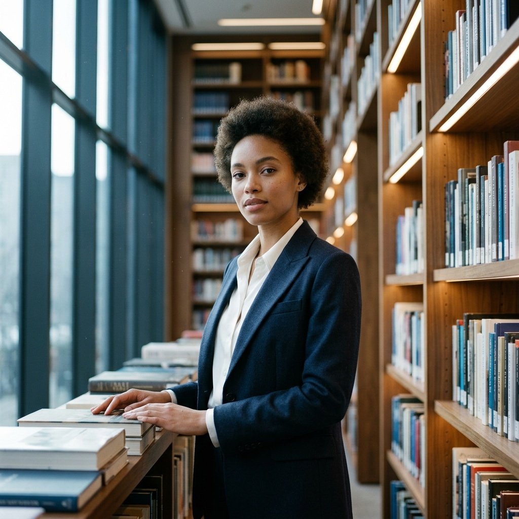 minimalist library background photography technique confident woman in minimalist library prompt