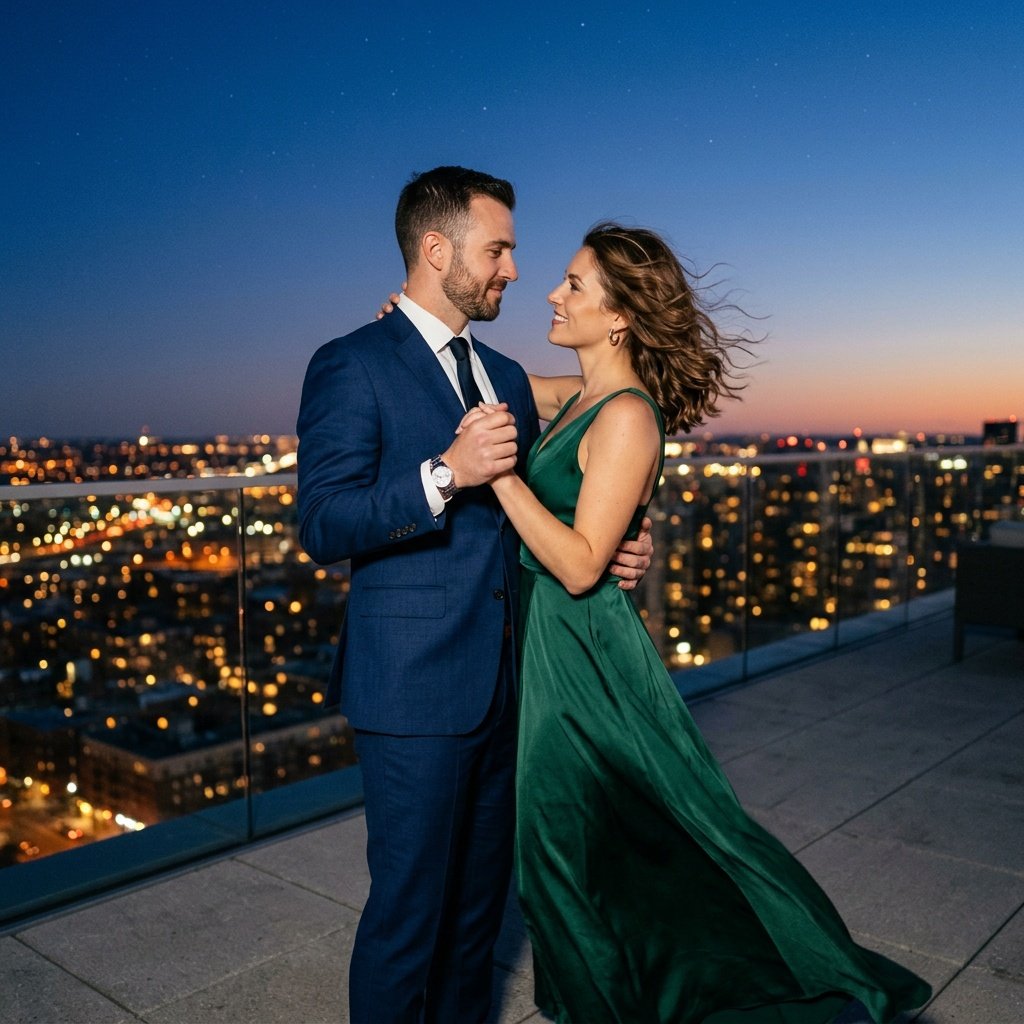 romantic couple prompt for gemini ai used for rooftop dance