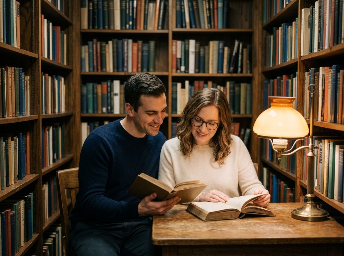 couple photo prompt gemini for cozy library reading scene
