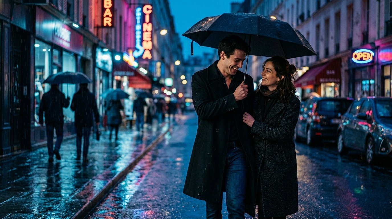gemini couple ai photo prompt example for rainy city scene