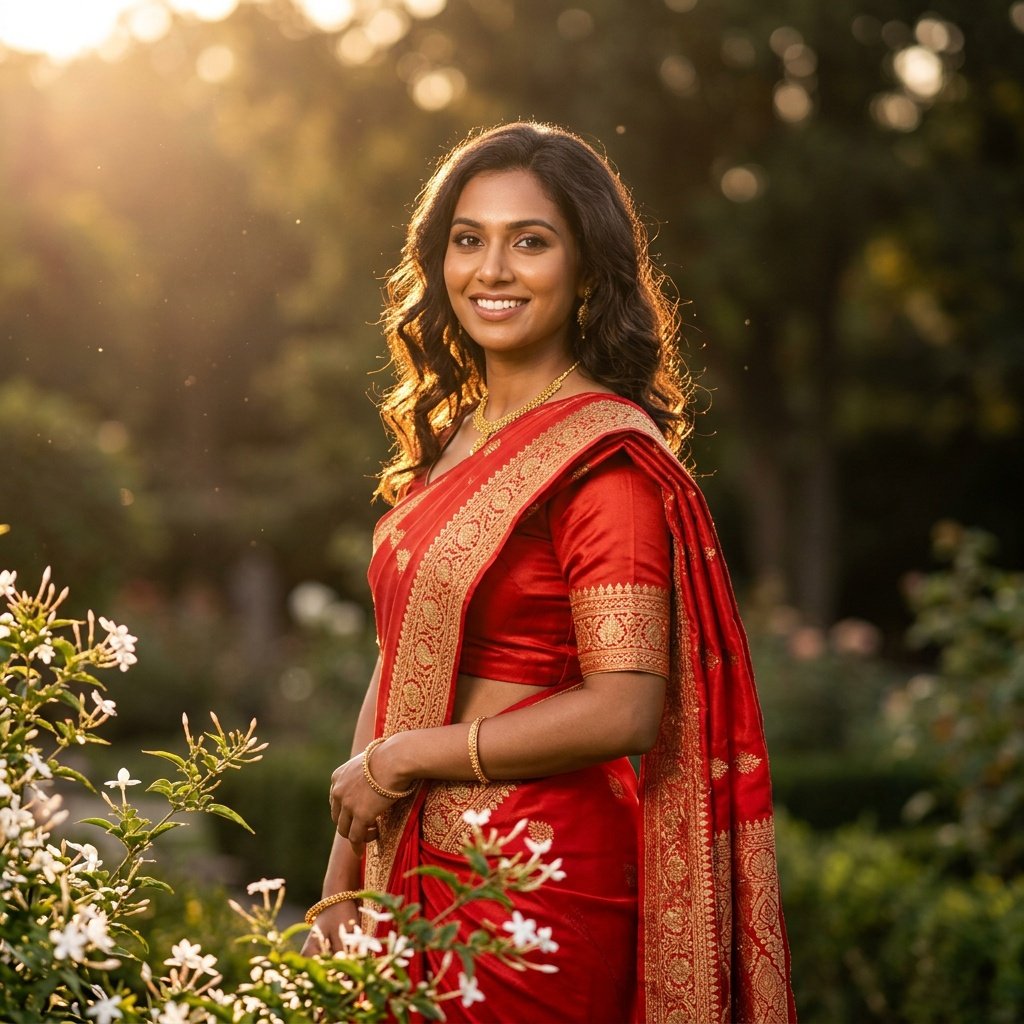 girls saree prompt gemini featuring golden hour lighting