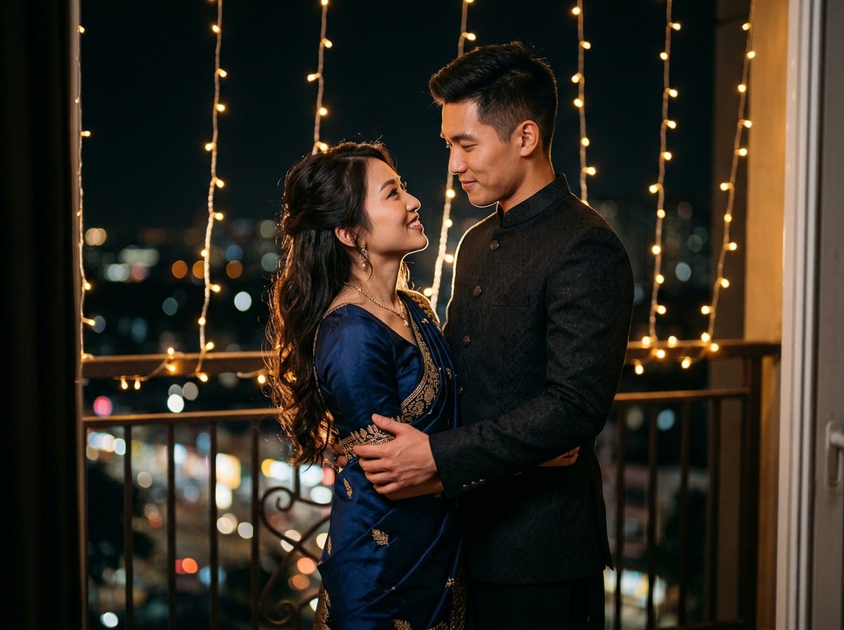 prompt for gemini ai saree look couple night atmosphere prompt for gemini ai saree look couple balcony night lights