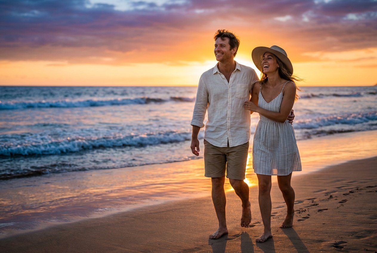 couple photo prompts gemini beach sunset lighting couple photo prompts gemini for beach sunset style