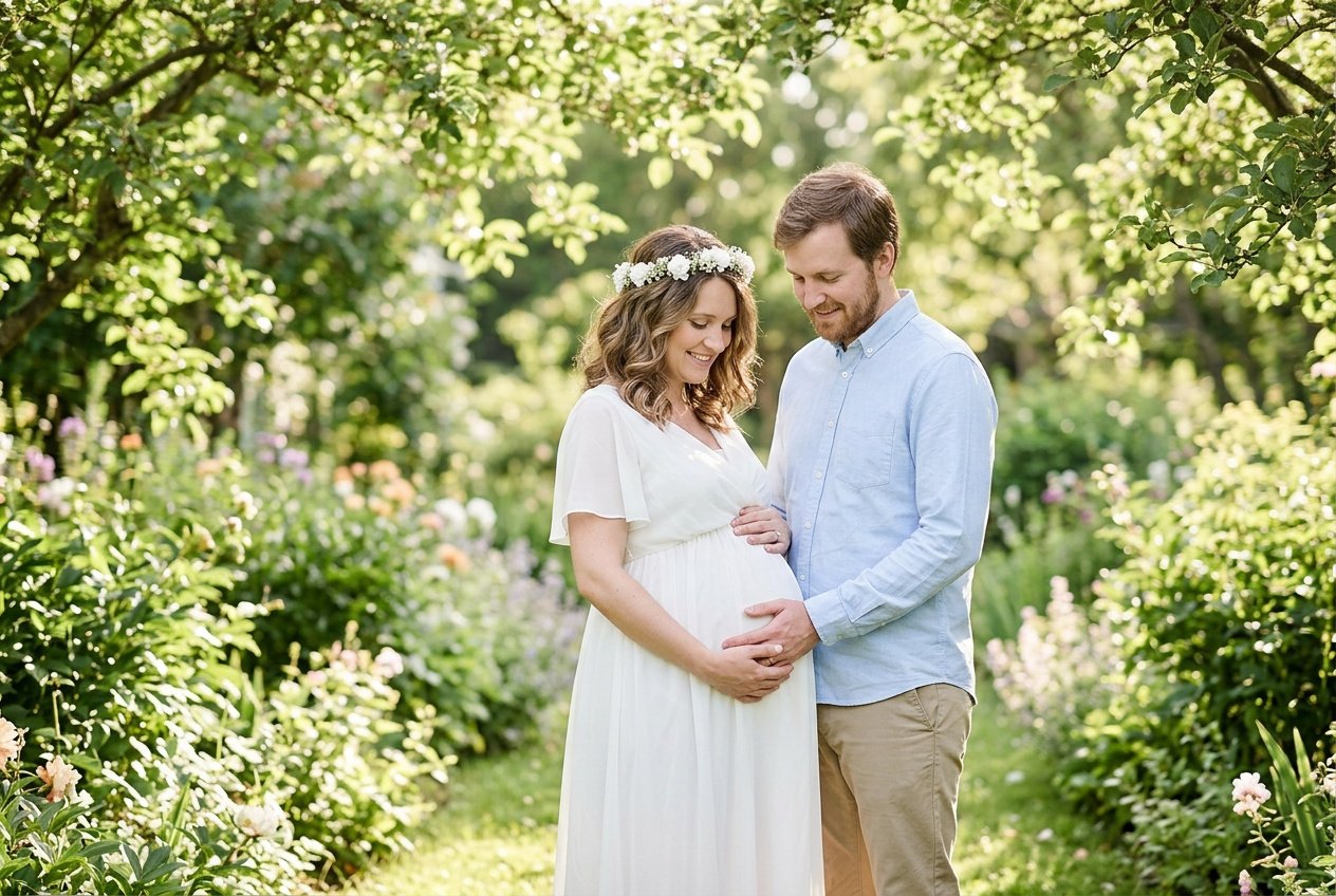 couple maternity photoshoot prompts for gemini ai in a garden
