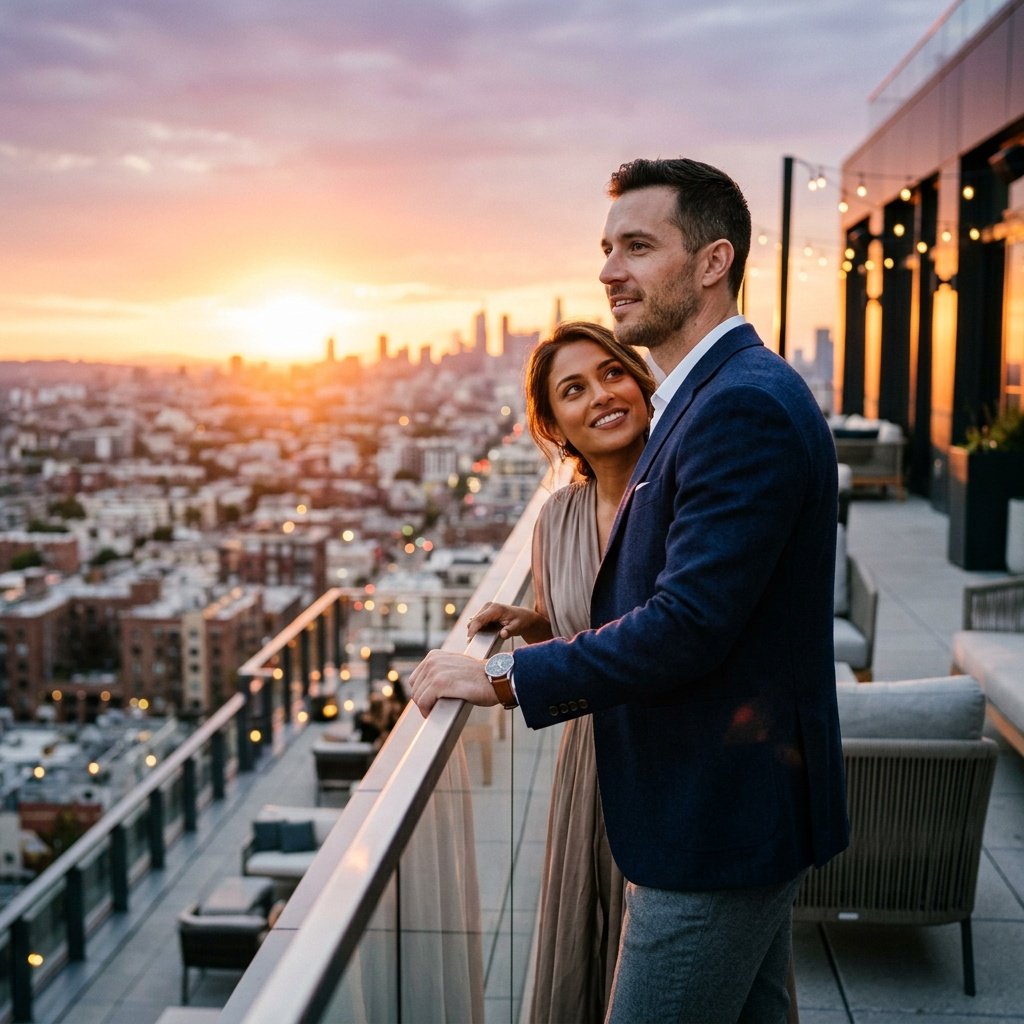 how to edit couple photo in gemini at sunset rooftop.