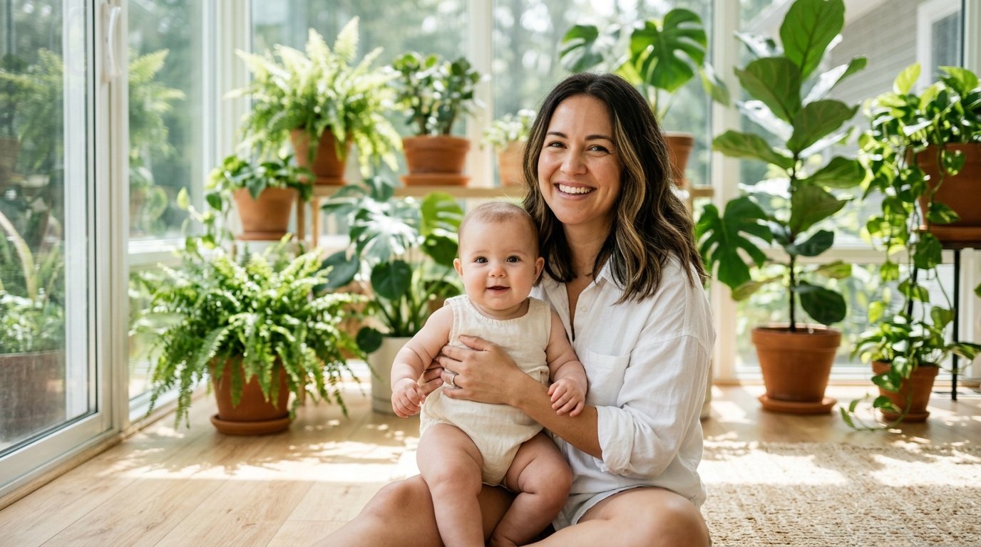 sunroom baby girl photoshoot with natural plants