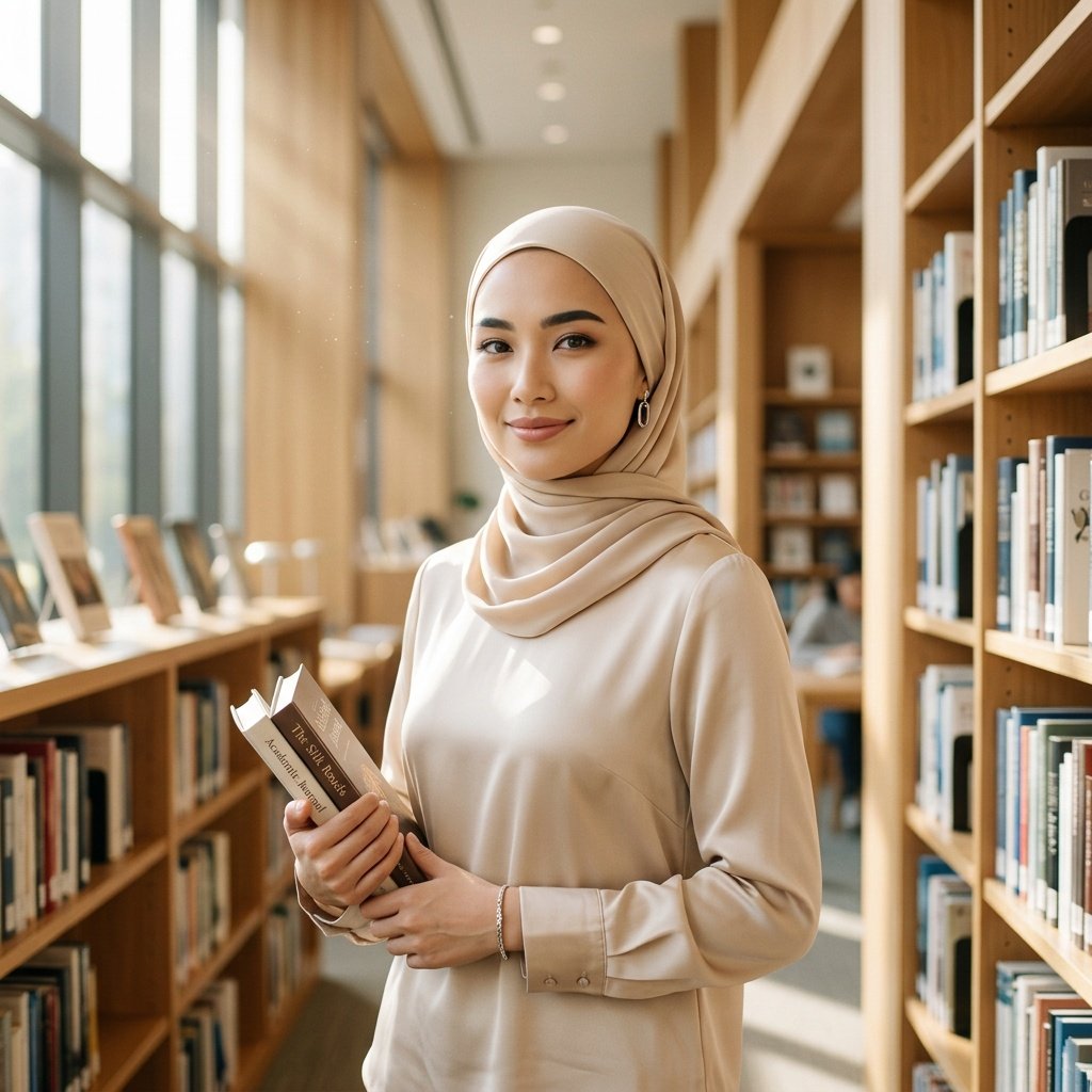 gemini hijab girl prompt modest portrait in bright library