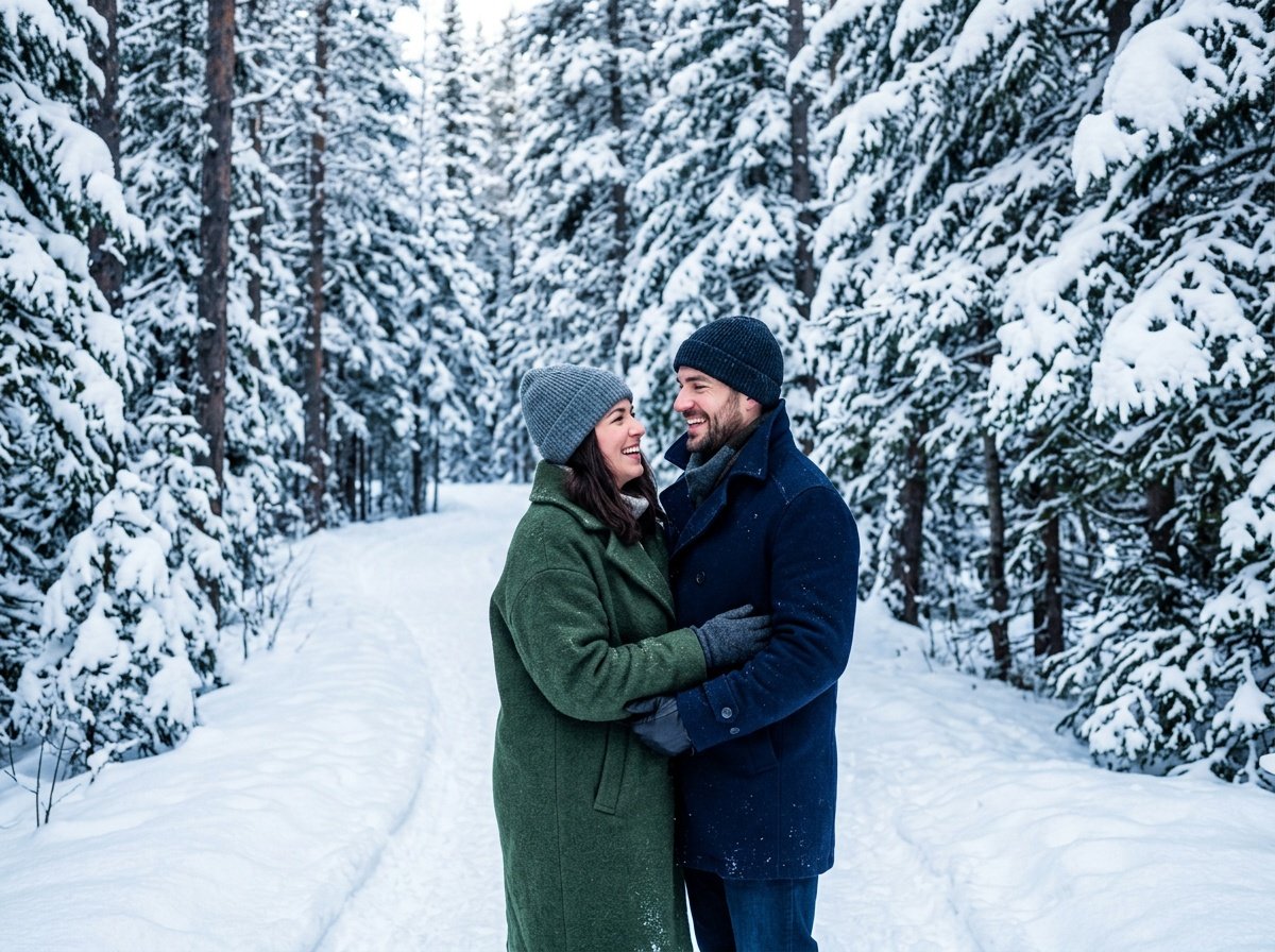 couple photo gemini prompt in winter snowy forest