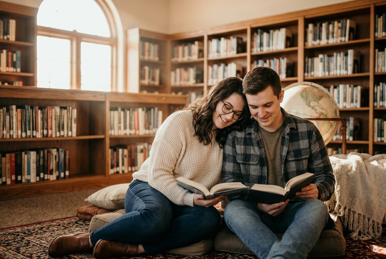 couple selfie prompt for gemini cozy reading technique couple selfie prompt for gemini library setting
