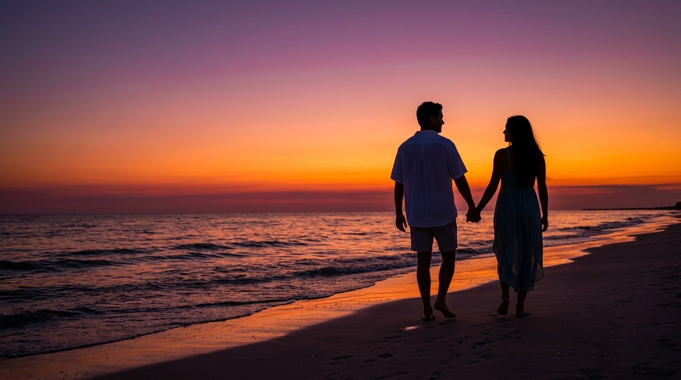 gemini ai ideas for couples beach sunset silhouette