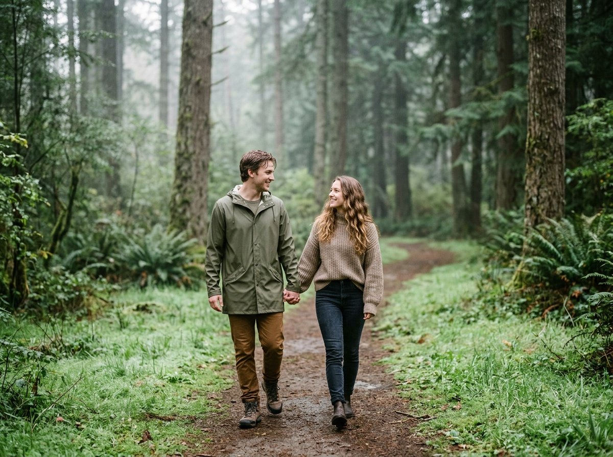 google.gemini couple prompt in misty forest park setting.