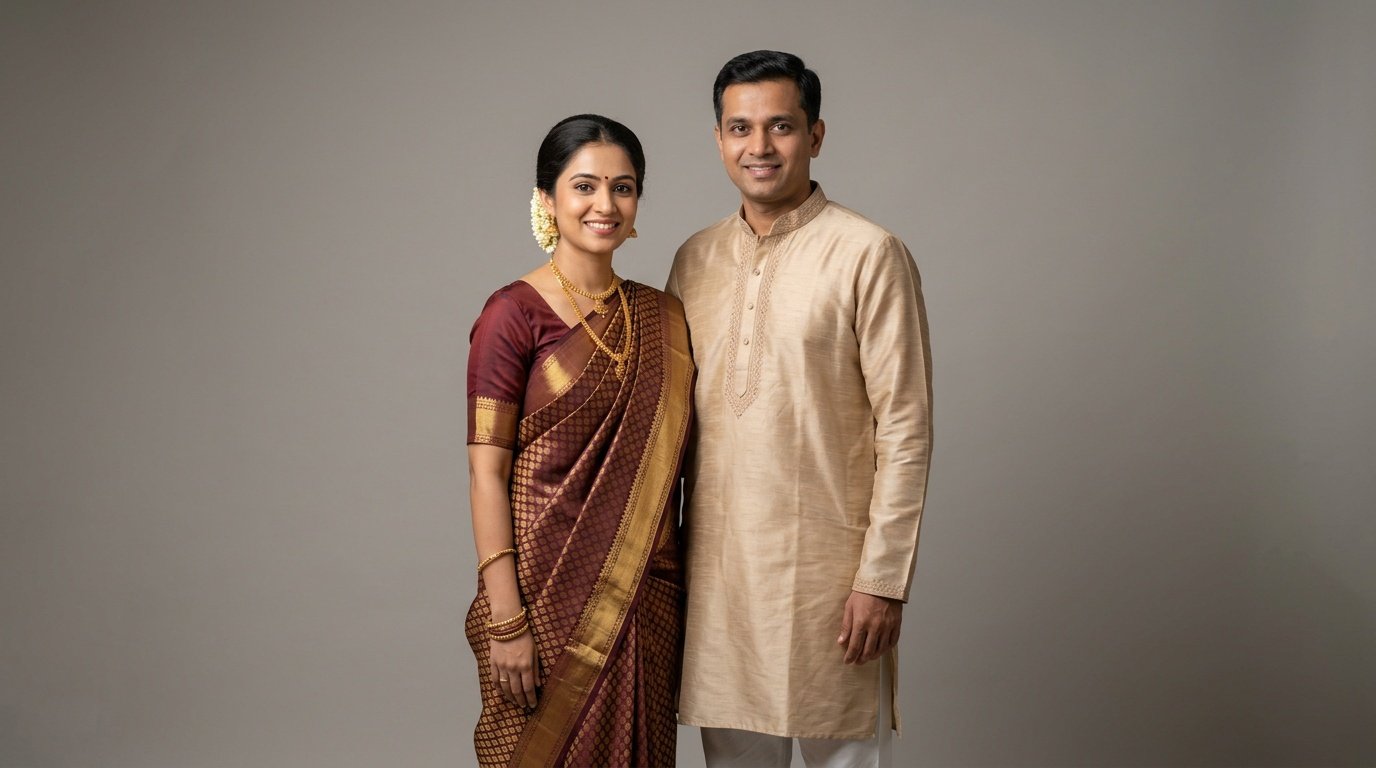 prompt for gemini ai saree look couple elegant final prompt for gemini ai saree look couple studio portrait