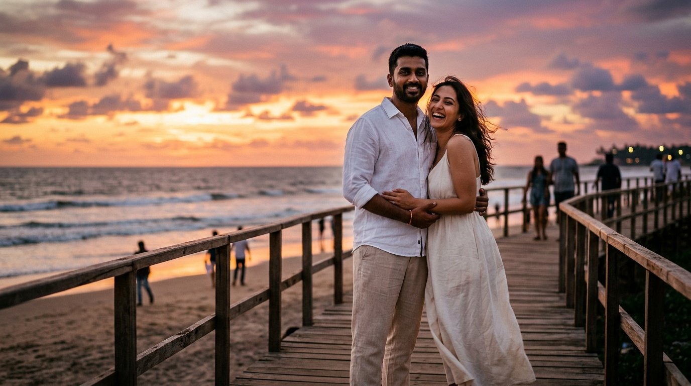 gemini prompt for couple photo on sunset boardwalk